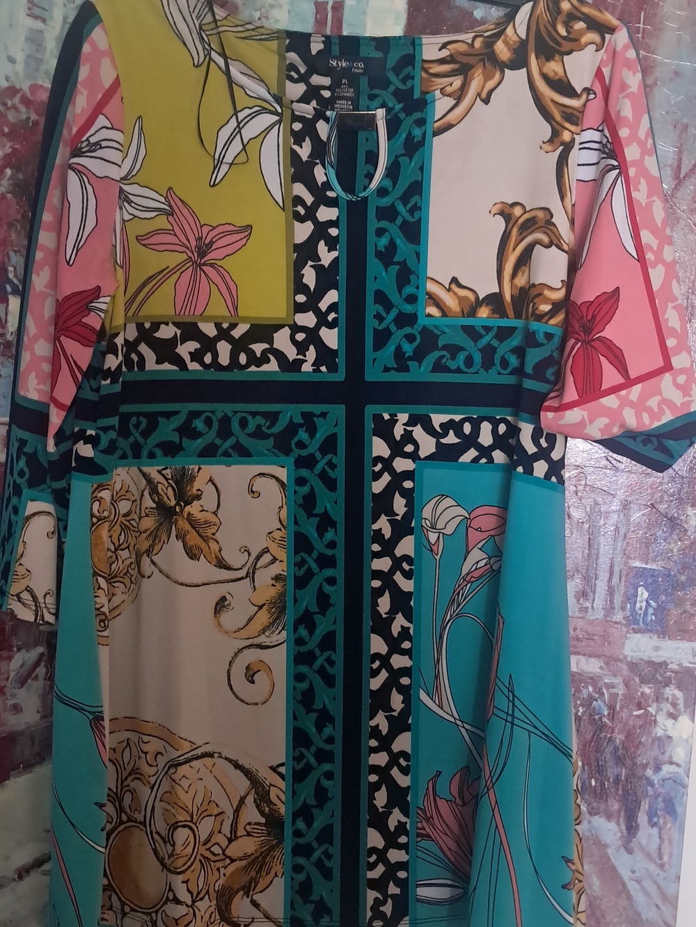 Style & Co. Teal, Lime & Black Mixed-Print Dress with Ring Detail